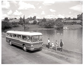 Johannesburg, 1965. SAR Mercedes Benz tour bus No MT16931 at Emmarentia Dam. See colour version C...