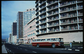 Durban, 1967. SAR Mercedes Benz tour bus at beachfront hotels, the Marine Sands the most prominent.