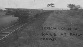 Naboomspruit - Singlewood railway line, circa 1924. Truckloads of rails at railhead.