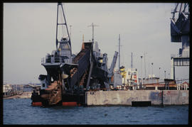 Durban, April 1975. Floating crane at dockside in Durban Harbour. [JV Gilroy]