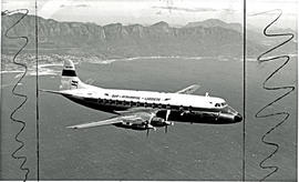 Cape Town, 1957. SAA Vickers Viscount ZS-CDT 'Blesbok' in flight over city.