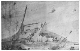 Cape Town. Early sketch of aerial view of Table Bay Harbour.