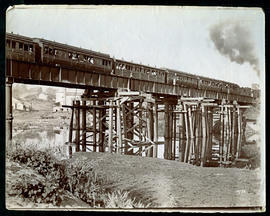 Umhloti, 1879. Passenger train on newly constructed bridge over the Mhloti River.