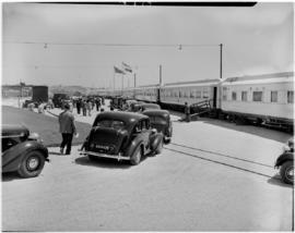 Port Elizabeth, 26 February 1947. Motor cavalcade alongside the Royal Train at Humewood beach.