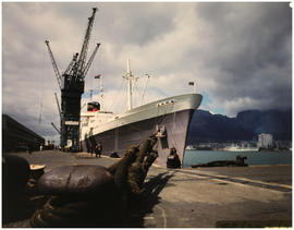 Cape Town, September 1973. 'Pendennis Castle' moored in Table Bay harbour. [S Mathyssen]