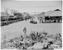 Kroonstad, 10 March 1947. Royal Party in open car in city procession. Rockery in traffic circle. ...