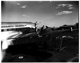 Johannesburg, August 1946. Rand Airport. SAA Douglas DC-4 Skymaster ZS-AUB 'Outeniqua'. Note flyi...