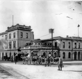 Port Elizabeth. Three mule carts waiting at railway station. (See SARM May 1925 534 and P1765)