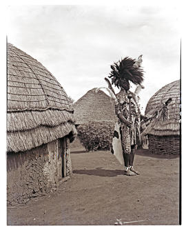 Natal, 1946. Zulu warrior amongst huts.