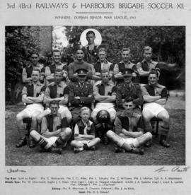 Durban, 1943. Third Battalion Railways and Harbours Brigade Soccer XI, winners Durban Senior War ...