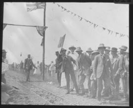 Naboomspruit district, 1925. Minister Malan waving flag at opening of roadrail line at Singlewood...