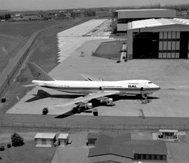 Johannesburg, circa 1979. Jan Smuts Airport. Aerial view. SAA Boeing 747 ZS-SAR 'Waterberg'. Combi.