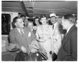 Vaal Dam, November 1949. BOAC Solent flying boat G-AKNP 'City of Cardiff'. Passengers with hostes...