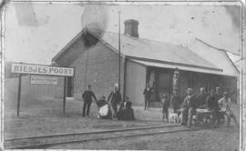 Biesiespoort, circa 1893. Station staff, from left to right: Stationmaster AI Mok, Mrs Mok, Carpe...