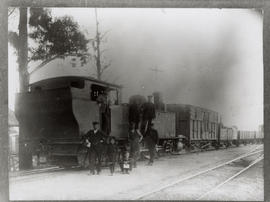 Group of men and children posing before NZASM 46 Tonner, later SAR Class B, on goods train.