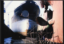 Cape Town, 1987. 'Raleighs Cross' in Table Bay Harbour dry dock.