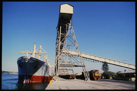 Durban, July 1986. Loading facility at grain elevator in Durban Harbour. [Z Crafford]