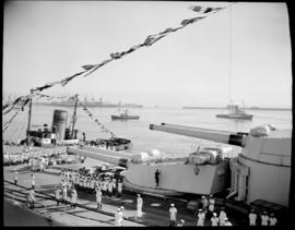 Cape Town, 17 February 1947. 'HMS Vanguard' berthed in Table Bay Harbour.