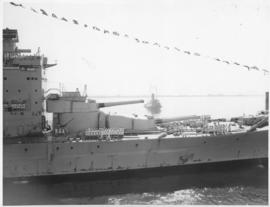 Cape Town, 17 February 1947. 'HMS Vanguard' in Table Bay Harbour with sailor parade on deck.