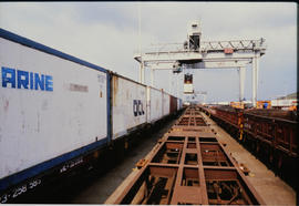 Container train being loaded by gantry crane.