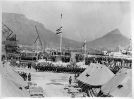 Cape Town, 18 September 1945. Opening ceremony of Sturrock dock in Table Bay Harbour.. Flag hoist...