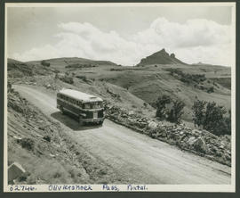 Bergville district, 1948. SAR Canadian Brill bus in Oliviershoek Pass.