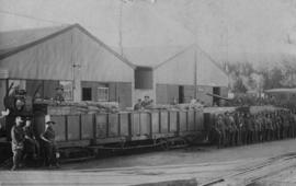 Bloemfontein, 1914. War train with soldiers at station.