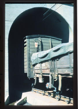 Balfour, 1980. Close-up of goods wagon at tunnel entrance. [CF Gunter]
