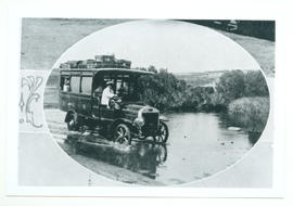 Hermanus district, 1913. SAR Dennis bus crossing the Afdakrivier between Botrivier and Hermanus.