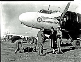 
SAA Junkers Ju-86 ZS-AJL 'Daniel Lindley', passengers standing in front of aircraft.
