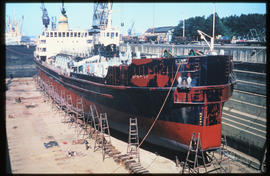 Durban, October 1972. Dredger 'Ribbok' in Durban Harbour dry dock. [JV Gilroy]
