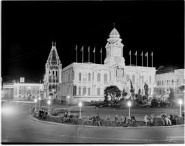 Port Elizabeth,  26 February 1947. City hall and post office buildings illuminated for the Royal ...