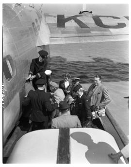 Vaal Dam, circa 1948. BOAC Solent flying boat G-AKCR 'Saint Andrew'. Passengers transferred to pa...