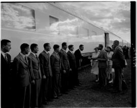 Breede River, 19 April 1947. Royal family thanking the train staff. King George VI shaking hands ...