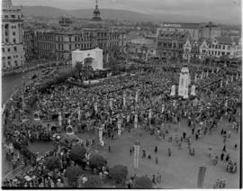 Pretoria, 29 March 1947. Aerial view of Church Square with cenotaph and white arch erected for th...