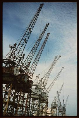 Richards Bay, November 1975. Harbour cranes in Richards Bay Harbour. [D Dannhauser]