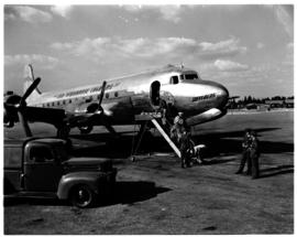 Johannesburg, August 1946. Rand Airport. SAA Douglas DC-4 Skymaster ZS-AUA. Note flying springbok...