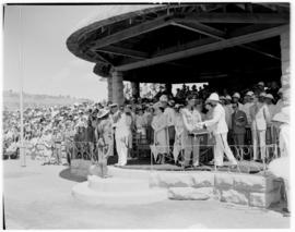 Maseru, Basutoland, 12 March 1947. King George VI presenting awards to chieftains and men who ser...