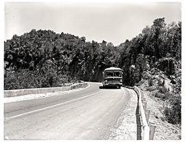 "Plettenberg Bay district, 1970. SAR Mercedez MT16381 motor coach in Tsitsikamma forest."