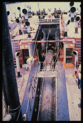 Durban, 1978. Dredger 'Bontebok' with dredging pipe in raised position.