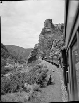 Louis Trichardt district, 1951. Passenger train approaching Waterpoort train tunnel in the Soutpa...