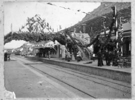 Cape Town, 1902. Muizenberg railway station decorated for visit of the Duke of Duchess of York.