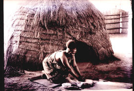 Swaziland, 1933. Swazi woman grinding mealies in front of hut.