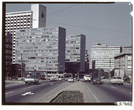 Johannesburg, 1968. Jan Smuts Avenue at Wits University main gate with Ameshoff Street coming in ...