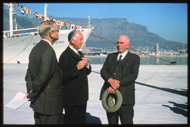 Cape Town, 1 July 1977. Dignitaries in Table Bay Harbour at the opening of the BJ Schoeman Dock. ...