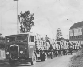 East London, 1939. SAR Thornycroft truck No R5763 with three trailers carrying bales.