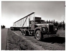 Vereeniging, 1970. SAR REO truck horse No MT18267 with abnormal load of a large steel beam.