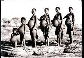 Namibia, 1935. Line of female Bushmen with children.