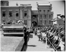 Harrismith, 13 March 1947. Child choir singing to the Royal Family at town hall.