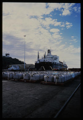 East London, August 1985. RoRo ship next to bulk bags on pallets on wharf in Buffalo Harbour. [Z ...